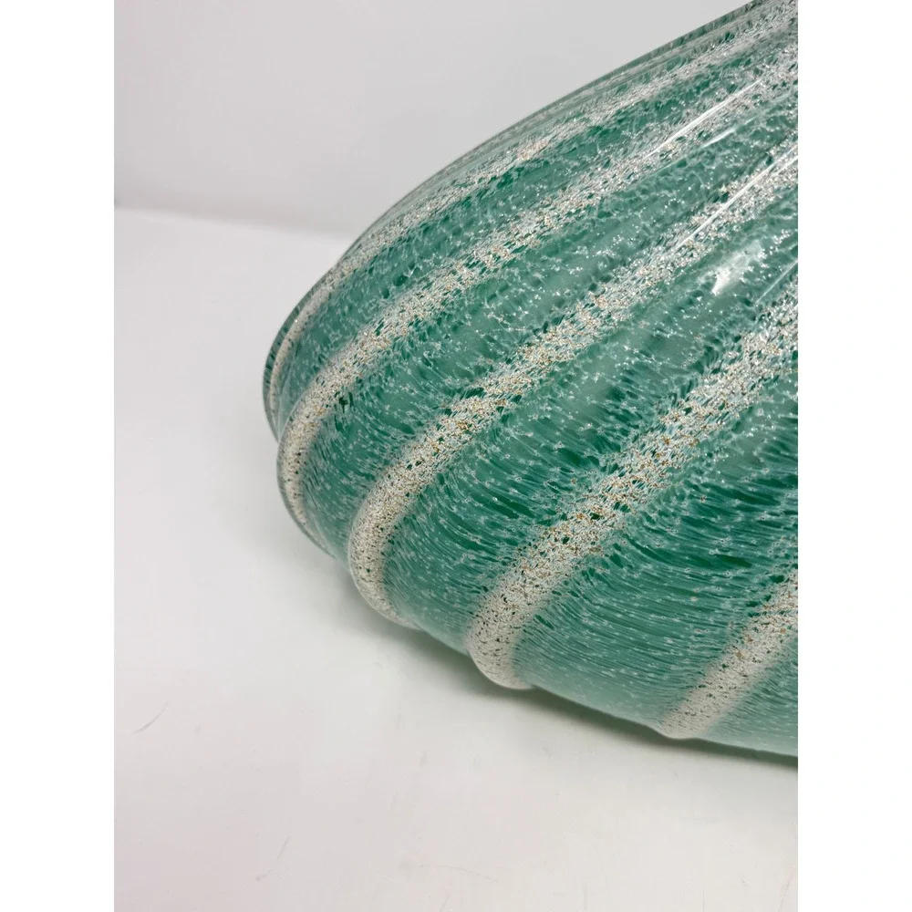 Art Glass Ribbed Urchin Vase 17x11 Teal Green Gold Fleck Coastal MCM Decor